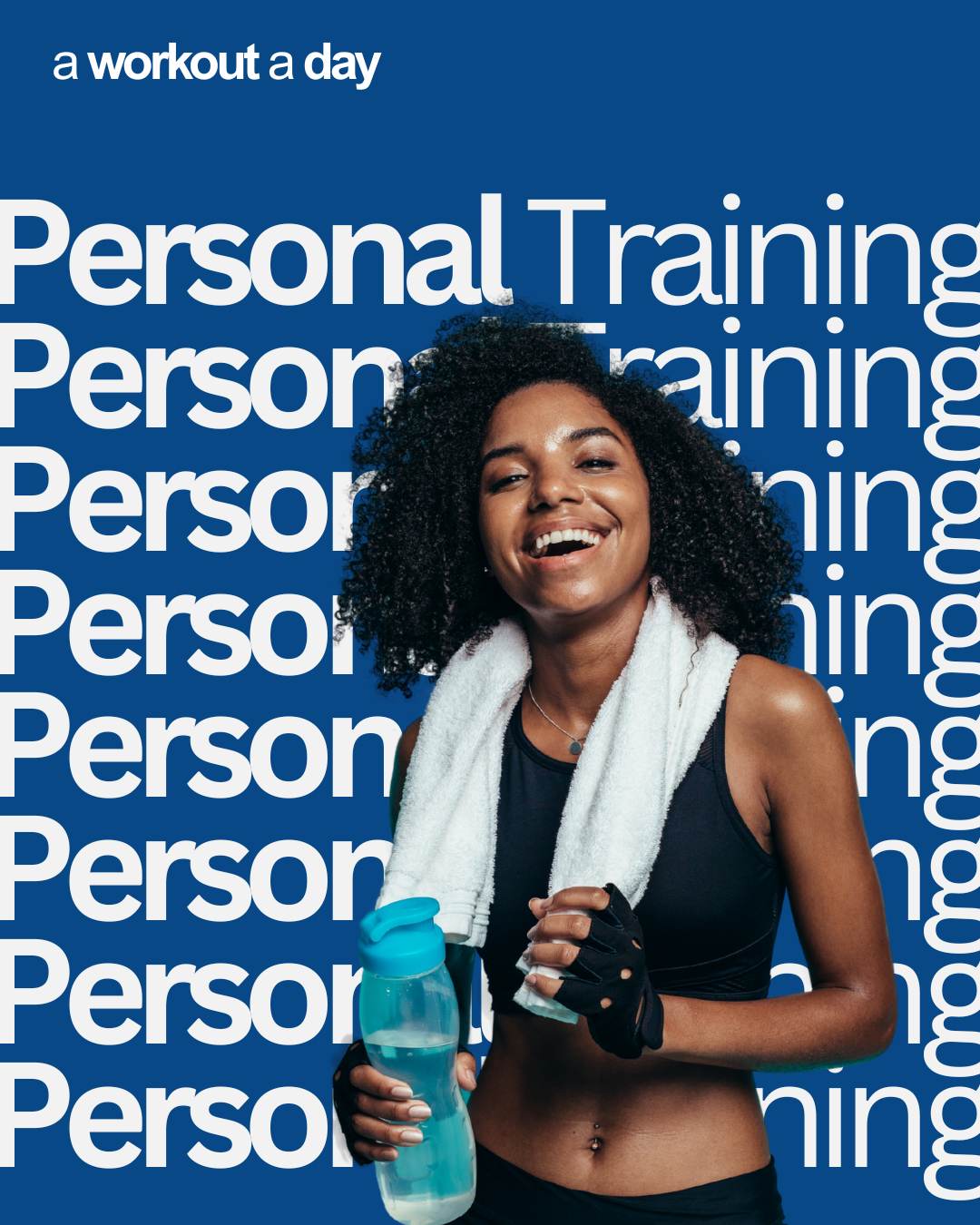 Woman with a towel and water bottle against a blue background with 'Personal Training' text.