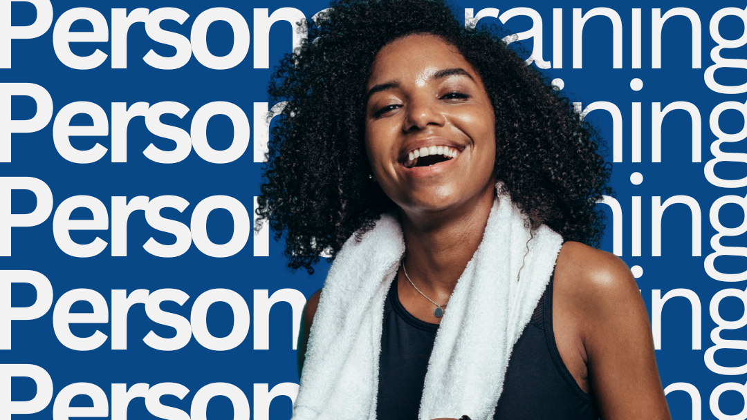 Woman with a towel and water bottle against a blue background with 'Personal Training' text.