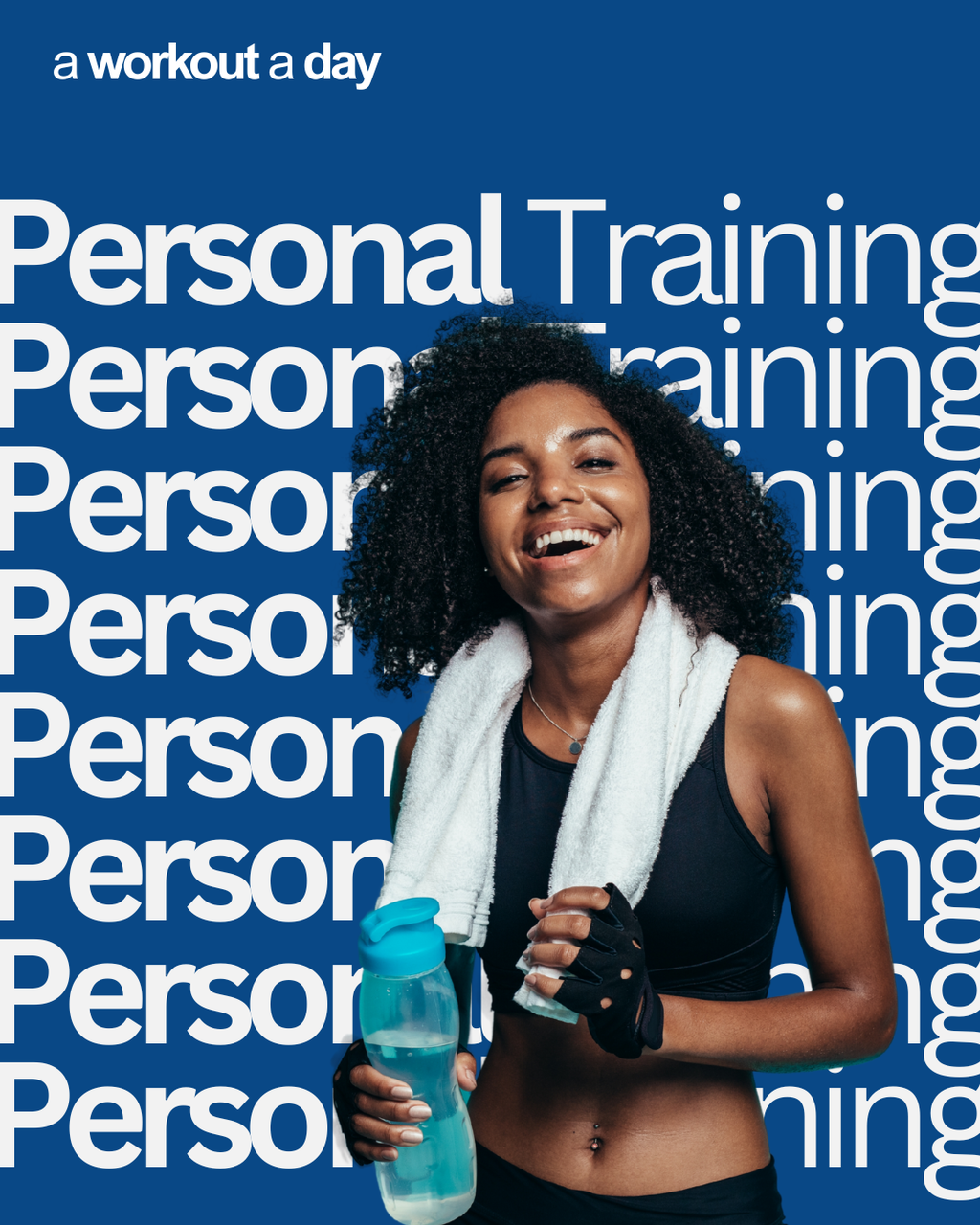 Woman with a towel and water bottle against a blue background with 'Personal Training' text.